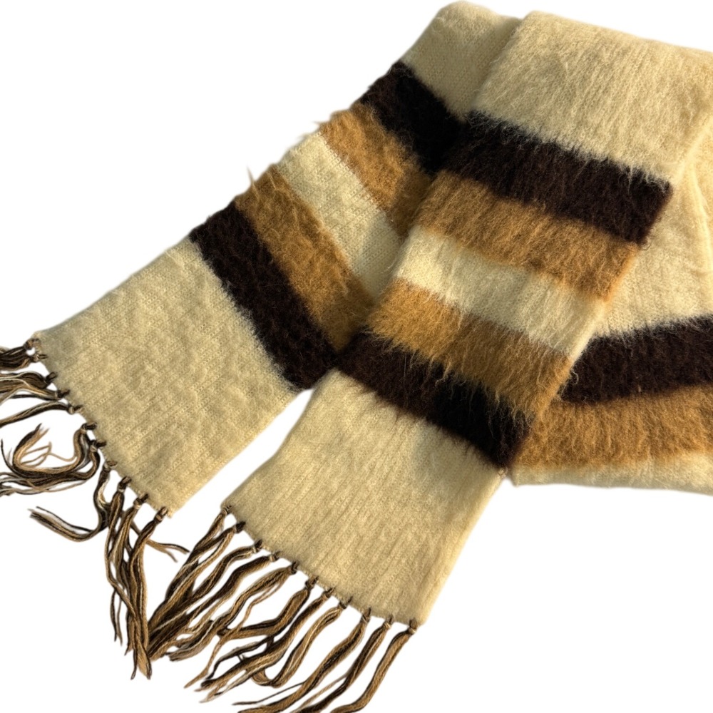 Fuzzy Striped Fringe Scarf Cream Brown Tan Mohair Look SOFT